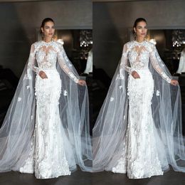 Fabulous Mermaid Wedding Dresses With Cape Jewel Neck 3D Lace Bridal Gown Vestidos Dubai Long Sleeve Beach Wedding Dress Plus Size211B