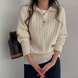 Women's Sweaters 2023 Spring Slim Twist Knitted Pullover Sweater Coat Lapel Polo Retro Knitting Jersey Jumper Y2k Long Sleeve Tops Casual