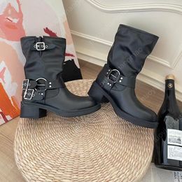 botas de grife botas de inverno botas femininas arnês cinto de couro de vaca com fivela calcanhar grosso botas de grife cavaleiro botas de grife femininas sapatos de grife de luxo
