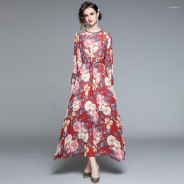 Casual Dresses ZUOMAN Women Spring Elegant Pleated Dress Festa High Quality Long Vintage Party Robe Femme Floral Designer Chiffon Vestidos