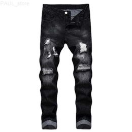 Men's Jeans Black Hole Denim Men Slim Solid Color Bleached Ripped Full Length Casual Trousers Cowboy High Quality Fashion L230731
