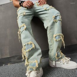 Men's Jeans Fashion Bearded Ripped Streetwear Patchwork Design Vintage Elasticity Wide Leg Denim Pants Light Blue Trousers