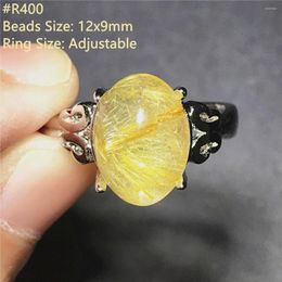 Cluster Rings Natural Gold Rutilated Quartz Ring Jewelry For Woman Lady Man Gift Crystal 12x9mm Beads Silver Gemstone Adjustable