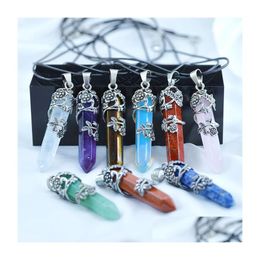 Pendant Necklaces Retro Flower Natural Stone Hexagon Prism Necklace Amethyst Opal Quartz Crystal Healing Fashion Jewellery For Women Men Dh9Pr