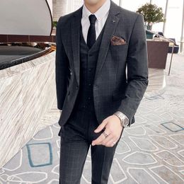 Men's Suits (Jacket Vest Pants) Fashion Boutique Plaid Suit Handsome Slim Korean Formal Business 3pces Set Groom Wedding Dress
