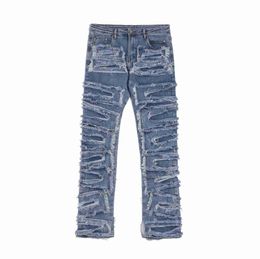 Ins Same Style High Street Heavy Industries Damaged Hole Patch Cat Beard Blue Jeans Fashion Men's Knife Cut Old Pants