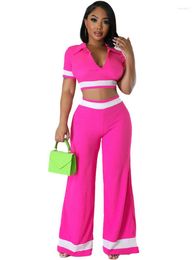 Women's Two Piece Pants Colour Block 2 Clubwear Outfits Sets Women For Party Short Tops And Wide Leg High Waist Night Club Sexy Matching Set