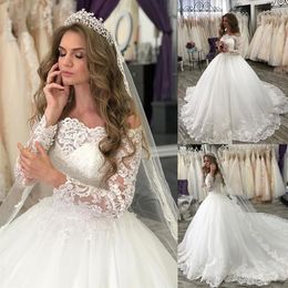 2020 Church Winter Princess Wedding Dresses Ball Gown Long Sleeve Wedding Gowns Plus Size Sweep Train Applique Lace Beaded Bridal 207z