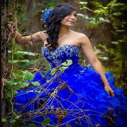2019 New Royal Blue Sweet 16 Quinceanera Dresses Sweetheart Beaded Embroidery Tiers Ruffles Skirt Ball Gown Princess Long Prom Dre252W