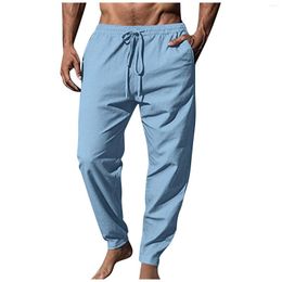 Men's Pants Male Summer Men Solid Colour Linen Pocket Bundle Feet Casual Large Size Breathable Light Loose Trousers