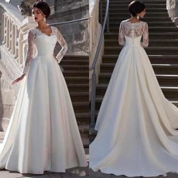 Modest Lace Appliqued A-line Satin Wedding Dress Sweetheart Neck Sheer Back Cap Long Sleeve Plus Size Bridal Gown BM16192833