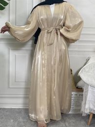 Ethnic Clothing Open Abaya Muslim Hijab Dress Puff Sleeve Turkey Shiny Satin Eid Abayas For Women Dubai 2023 Islam Kaftan Kimono Femme
