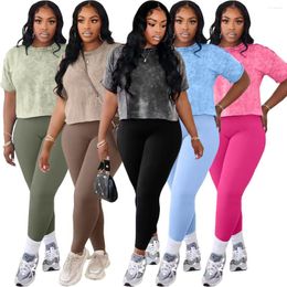 Women's Two Piece Pants Women Solid Pant Sets Round Neck Pullover Short Sleeve Tie Dye Tops Pencil Trousers Straight Ladies Sporty Outfits