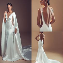 Elihav Sasson Mermaid Wedding Dresses With Long Wraps Deep V Neck Beading Backless Beach Bridal Gowns robe de mariee327O