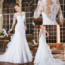 2022 Vintage Long Sleeves Mermaid Wedding Dresses Appliqued Lace Button Tiered Ruffles Back Bride Gowns vestidos de novia robe de 2946