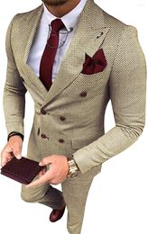 Men's Suits Slim Fit Suit Khaki Formal 2 Pieces Double Breasted Plaid Wool Tweed Prom Tuxedos For Wedding Groomsmen (Blazer Pants)