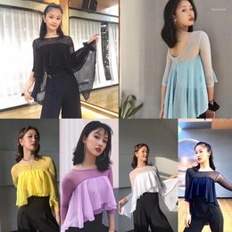 Stage Wear 2023 Latin Dance Tops For Women Butterfly Ruffle Mesh Sleeved Jumpsuit Chacha Rumba Tango Modern Practice Clothes DN15504