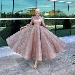 Sparkly Muslim Hijab Women Prom Dresses High Neck Long Sleeves Islamic Evening Gowns Islamic Formal Bride