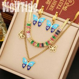 Blue Enamel Butterfly Charms Necklace Bracelet Earrings Set Colourful Square Bling Cubic Zirconia Stainless Steel Double Layered ChainsJewelry Set For Women