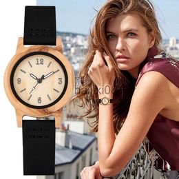 Other Watches Durable Brown Case Wooden Watch Prtical Leather Blk Strap Wooden Watches Great Small Arabic Numerals Wood Clock Women Gifts J230728