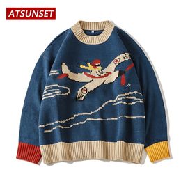 Men's Sweaters ATSUNSET Cartoon Airplane Embroidery Sweater Harajuku Retro Style Knitted Autumn And Winter Cotton Pullover Tops 230731