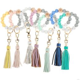 Keychains Lanyards Handmade Stretched Sile Beads Bangle Keychain Party Tassel Wristlet Bracelet Wrist Pu Leather Key Ring Female Woo Otxdf