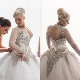 Vestidos de noiva modestos mangas compridas Strass Cristais Mergulhando Vestido de Noiva Frisado Vestido de Baile Sem Costas Transparente Vestido de Baile Plus Size G193A