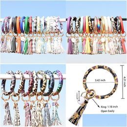 Keychains Lanyards Fashion Women Tassels Bracelets Bangle Pu Leather Party Wrap Key Ring Leopard Lily Print Keychain Sunflower Flag Otzrj