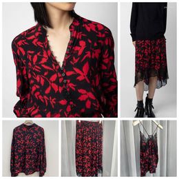 Two Piece Dress 2023 Long Sleeve Viscose Red Shirt Leaves Print Midi Skirt Women Lace Camisole