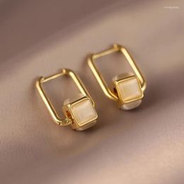 Hoop Earrings Unique Geometric Square For Women Antique Gold Color Synthetic Moonstone Ear Buckle Punk Bar Party Jewelry Gifts