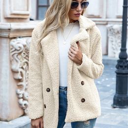 Women Blends Winter Lamb Fleece Thick Jacket Warm Clothe Top Women Elegant Lapel Long Sleeve Double Breasted Coat 230729