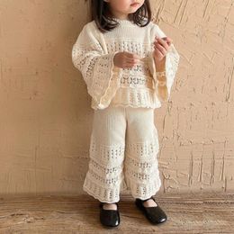 Clothing Sets Vintage Spring Toddler Girls Sweaters Suit Hollow Out Knit Long Sleeve Kids Tops Children Shirts Elastic Waist Pants 2-6Years