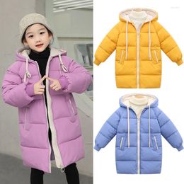 Jackets 2023 Winter Girls Jacket Long Style Solid Colour Thicken Keep Warm Hooded Down Cotton Windbreaker Coat For 3-10 Years Old