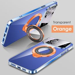 Luxury Designer Transparent Magnetic Stand Phone Cases For iPhone 13 12 11 14 Pro Max 14Plus Plating Bracket Glass Lens Film Protection Cover Logo hole