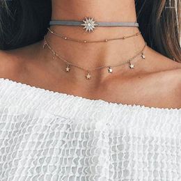 Chains Vintage Multilayer Crystal Pendant Necklace Women Gold Colour Moon Star Horn Crescent Choker Necklaces Jewellery Gift