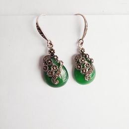 Dangle Earrings Boutique Jewellery 925 Sterling Silver Gem Natural Green ChalcEdony Old Women's Vintage Mosaic Party Wedding Girl