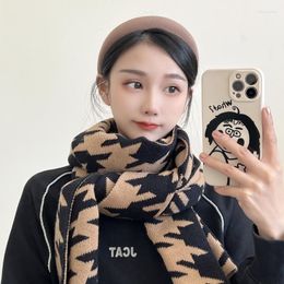 Scarves Korean Style Retro Two-Tone Houndstooth Knitted Cotton Scarf Winter Warm Soft Neckerchief Woollen Yarn Skinny For Women