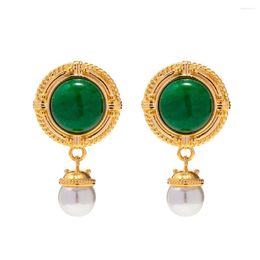 Hoop Earrings Uworld Vintage Jewelry 18K Real Gold Plated Brass Round Pink Quartz Green Stone Pearl Earring For Girls