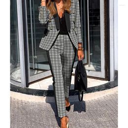 Women's Two Piece Pants Women Business Suits Slim Plaid Suit Long Sleeve Double Breasted Turn-down Collar Blazer High Waist Straight