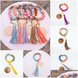 Keychains Lanyards Sile Key Ring Bracelet Beaded Wrislet Keychain Portable House Car Keys Holder Wristlet Wrist For Women Bangle Cut Ot94G