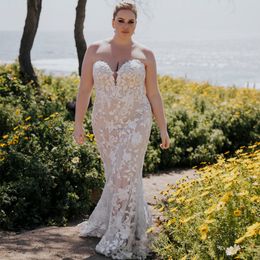 Plus Size Lace Mermaid Wedding Bridal Dress Sweetheart Floral Sweep Train Summer Wedding Gowns Custom Made robe de mariee