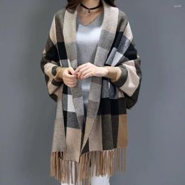 Scarves Women Autumn Striped Cloak Female Long Sleeves Cape Outside Street Wear Winter Knitted Plaid Cardigan Vintage Tassel Shawl Coat