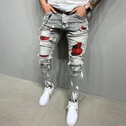 Men's Jeans Men's Skinny Ripped Jeans Fashion Grid Beggar Patches Slim Fit Stretch Casual Denim Pencil Pants Painting Jogging Trousers 230729