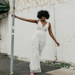 Chic Jumpsuit Wedding Dress Lace Appliques Sleeveless Deep V Neck Bridal Gowns Ankle Length Backless Gorgeous Robe de mariee289w