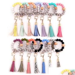 Keychains Lanyards 14 Colors Wooden Tassel Bead String Bracelet Keychain Sile Beads Chain Women Girl Key Ring Wrist Strap For Car Wr Otlc6