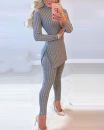 Women's Two Piece Pants Winter Warm Solid Long Sleeve Slit Knitted Sweater With Skinny Suit Elegant 2 Outfits Sets Leotard