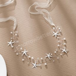 Elegant Silver Colour Starfish Pearls Headband Headdress for Women Bridal Ribbon Korean Head Wedding Party Hair Accessories