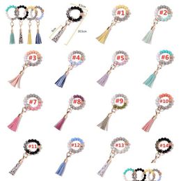 Keychains Lanyards 14 Colors Sile Key Ring Bracelet For Women Unique Stylish Beaded Bangle Wristlet Keychain Chain Circle Wrist Car Otkt2