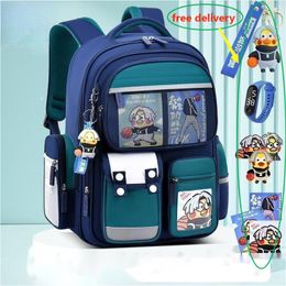 2023 New Children's School Bag for Primary School Boys and Girls Backbone Protection Shoulder Bag Free Hanging Accessories Watch Stickers