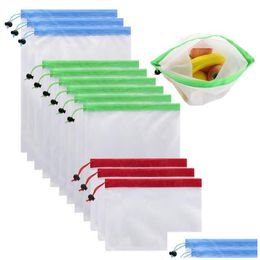 Storage Bags 12Pcs Reusable Mesh Produce Dstring Bag Pouch For Fruit Vegetable Shop Grocery Packing Drop Delivery Home Garden Housekee Otx9O